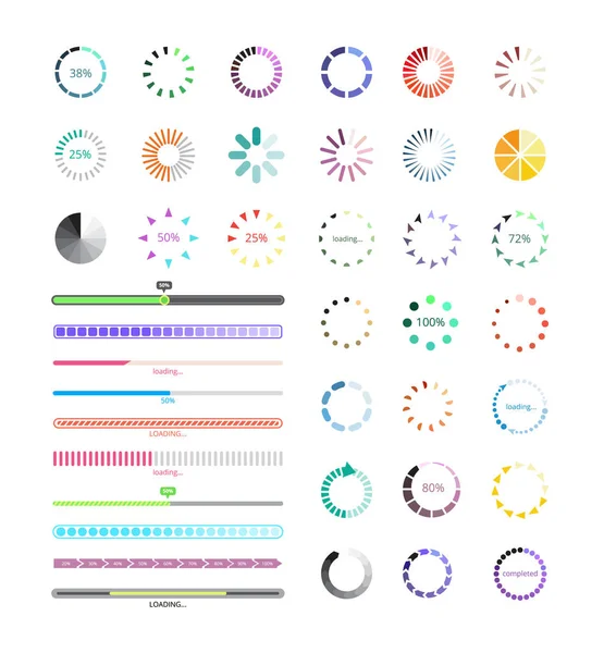 Carregadores de progresso e conjunto de ícones de barras sonoras, ilustração vetorial colorida isolada . — Vetor de Stock