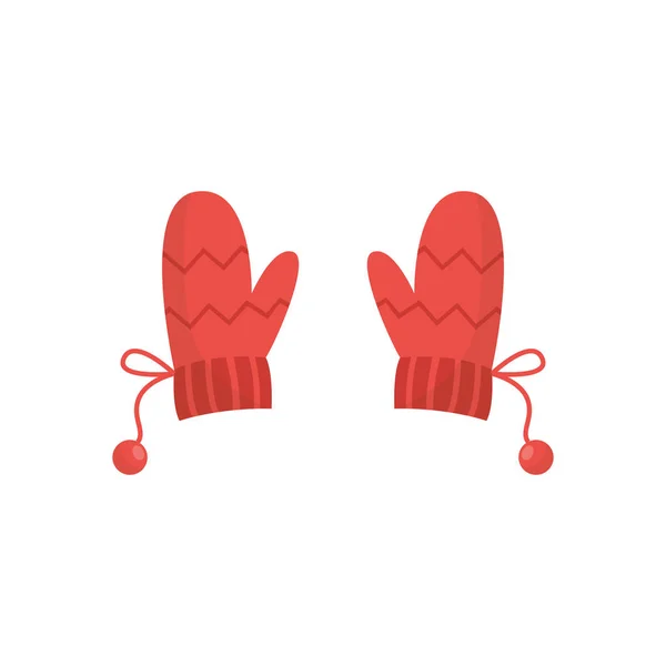 Winter red knitted warm mittens pair flat cartoon vector illustration isolated. — 图库矢量图片