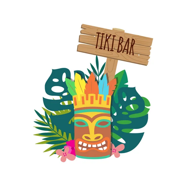 Tiki bar banner con maschera hawaiana e lascia isolata l'illustrazione vettoriale piatta . — Vettoriale Stock