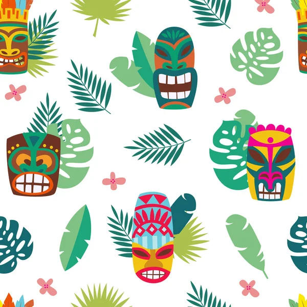 Tiki mask and tropical leaves - isolated seamless pattern — Stock vektor