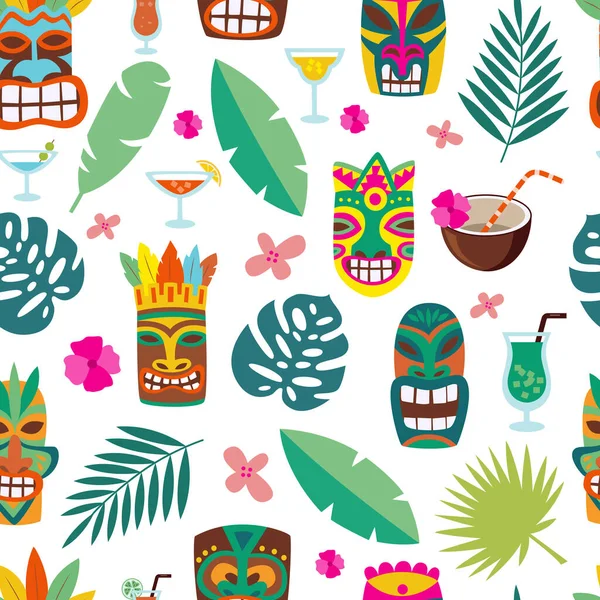 Tropische bladeren en totemmaskers in naadloos patroon, cartoon vector illustratie. — Stockvector