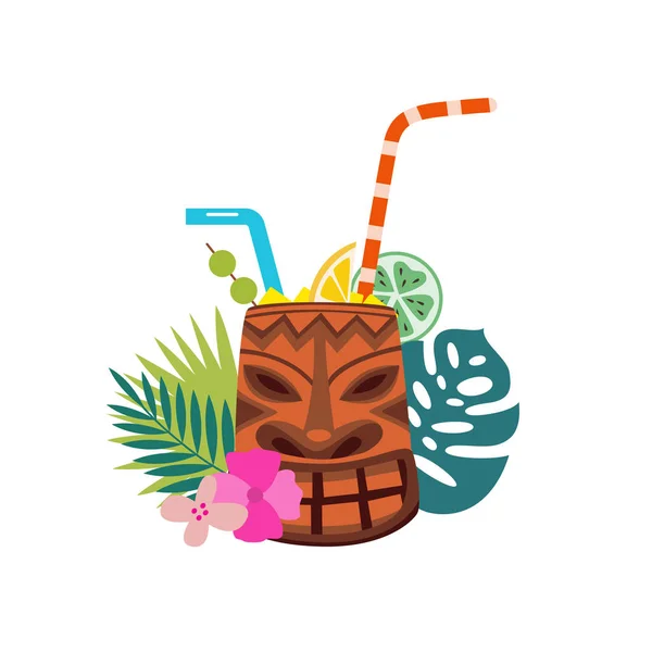 Tiki cocktail mug with fresh tropical drink, straw and fruit decorations — Stock vektor
