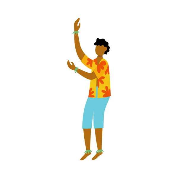Cartoon χορευτής άνθρωπος σε τροπικό Χαβάης πουκάμισο στέκεται σε χορευτική στάση — Διανυσματικό Αρχείο