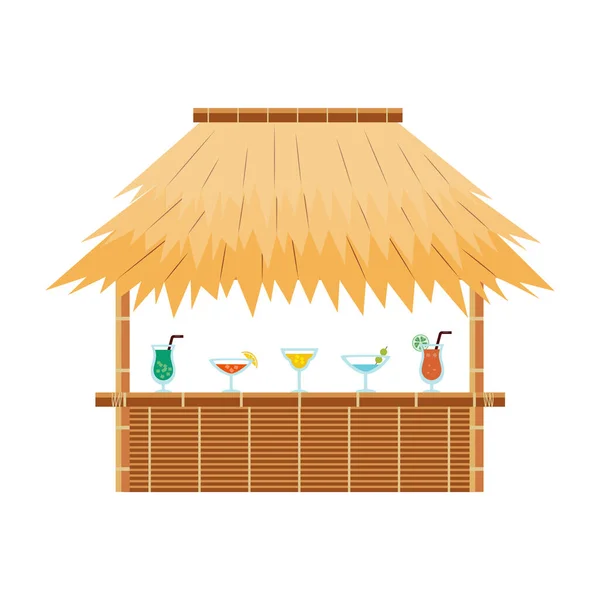 Tropical tiki bar hut with cocktail drinks on counter - exotic beach cafe — ストックベクタ