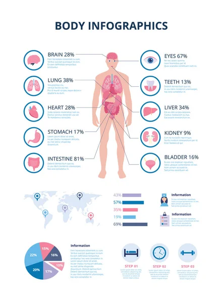 Infografía corporal médica con iconos de órganos internos ilustración vectorial aislada . — Vector de stock