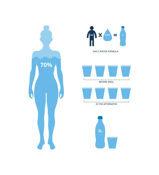 Daily water balance formula banner con illustrazione vettoriale del corpo umano isolato . — Vettoriale Stock