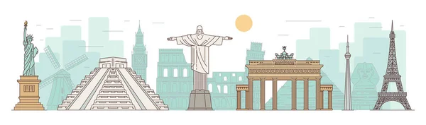 Marcos e monumentos mundialmente famosos banner, desenho vetorial ilustração a cores . —  Vetores de Stock