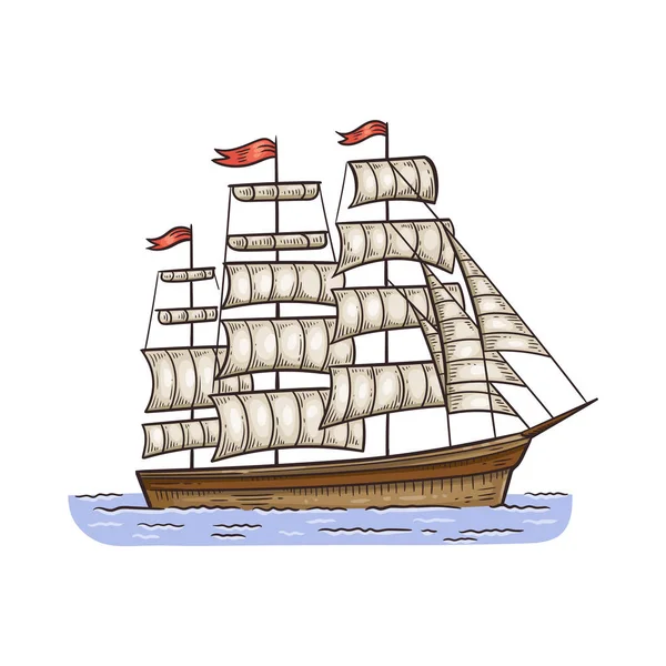 Vintage sailboat or ancient ship sketch cartoon vector illustration isolated. — Stock Vector