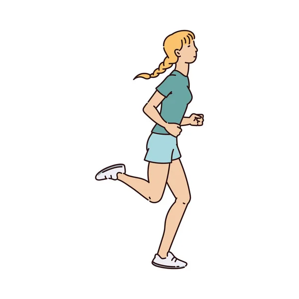 Woman cartoon character in activewear runs sketch vector illustration isolated. — 스톡 벡터