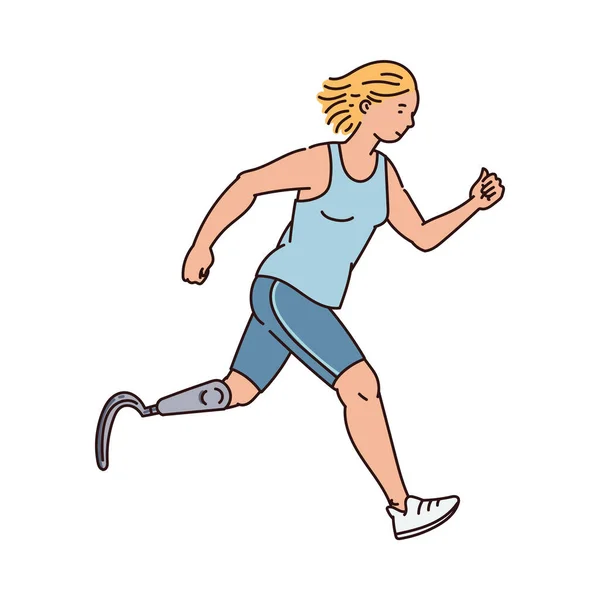 Rajzfilm futó nő mesterséges láb fut előre — Stock Vector