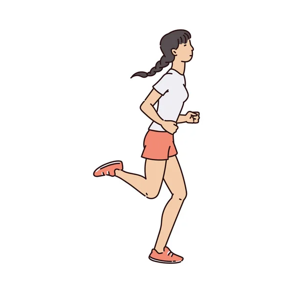 Sportliche Frauenfigur joggen oder laufen, Skizzenvektorillustration isoliert. — Stockvektor