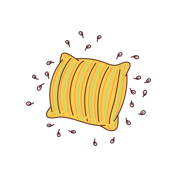 Doodle de travesseiro listrado amarelo com recheio de penas saindo — Vetor de Stock