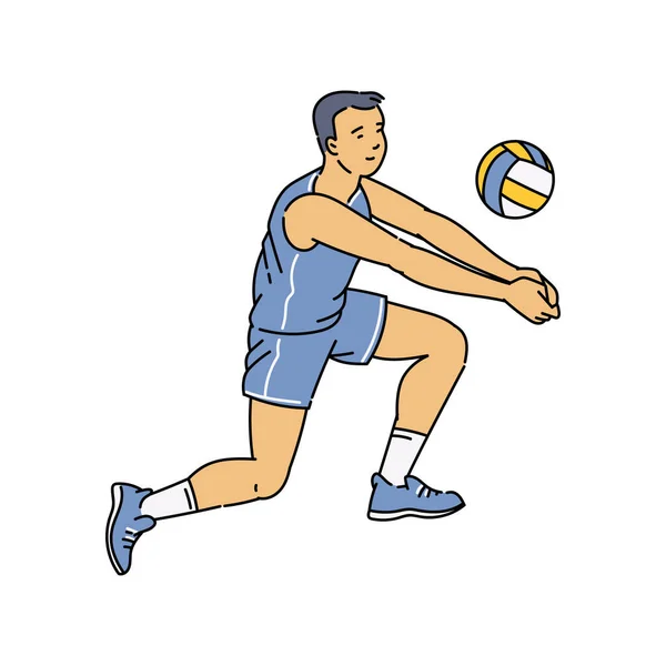 Homme de bande dessinée faisant passe de bosse dans le volley-ball athlète masculin recevant une balle — Image vectorielle