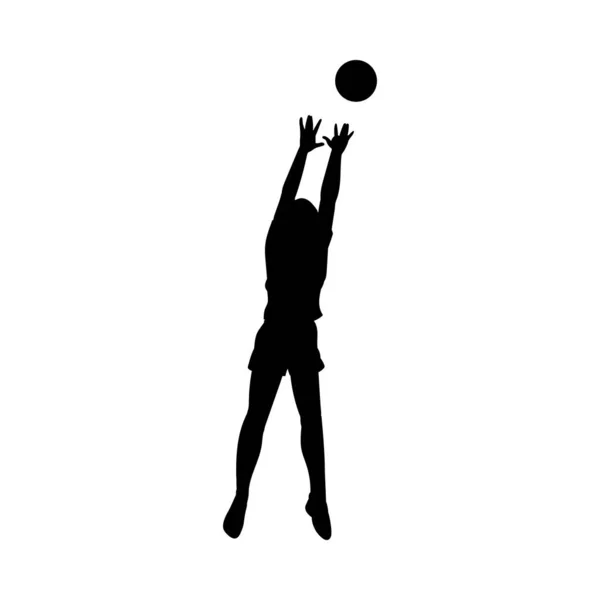Voleybol topu yakalayan siyah tenha bir kadın silueti. — Stok Vektör