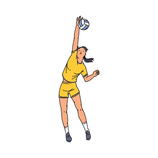 Γελοιογραφία αθλητής γυναίκα παίζει βόλεϊ - επίπεδη απομονωμένη σχέδιο — Διανυσματικό Αρχείο