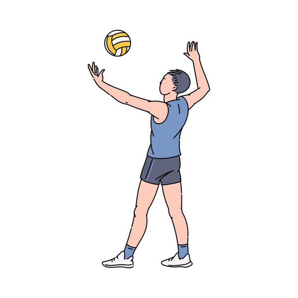 Cartoon atleet doen bal dienen in volleybal - man in de sport kleding — Stockvector