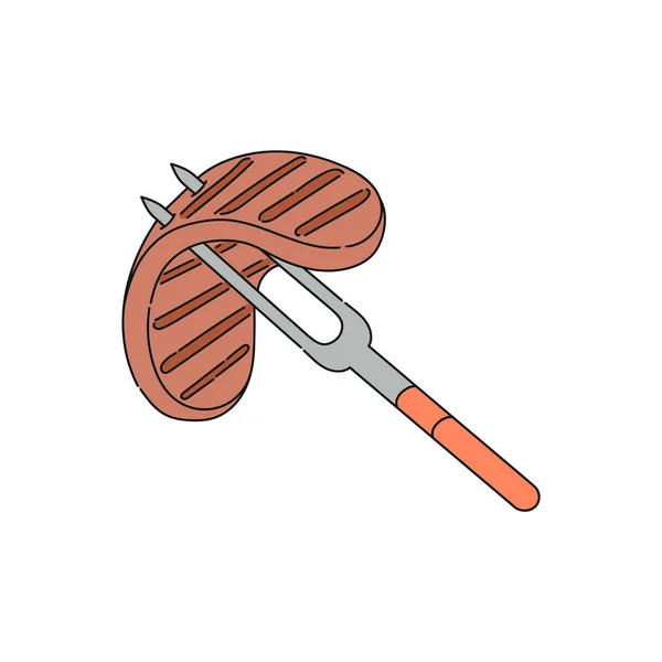 Ψητό κρέας μπριζόλα σε πιρούνι εικονίδιο κινουμένων σχεδίων, σκίτσο διανυσματική απεικόνιση απομονωμένη. — Διανυσματικό Αρχείο