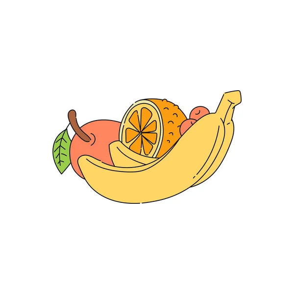 Fruits frais - banane, pomme et orange, croquis vectoriel illustration isolé . — Image vectorielle