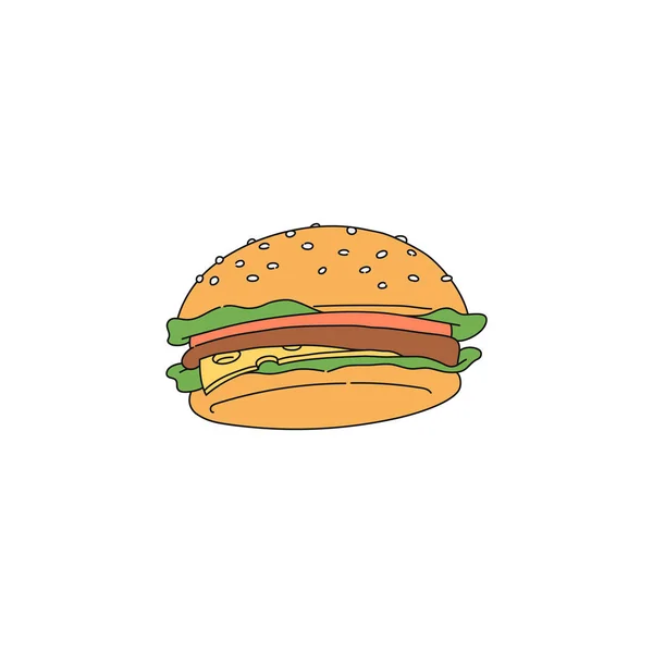 Hamburger nebo cheeseburger ikona ve stylu náčrtu, vektorové ilustrace izolované. — Stockový vektor