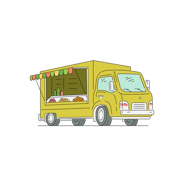 Vending trade truck voor straat voedsel schets vector illustratie cartoon geïsoleerd. — Stockvector