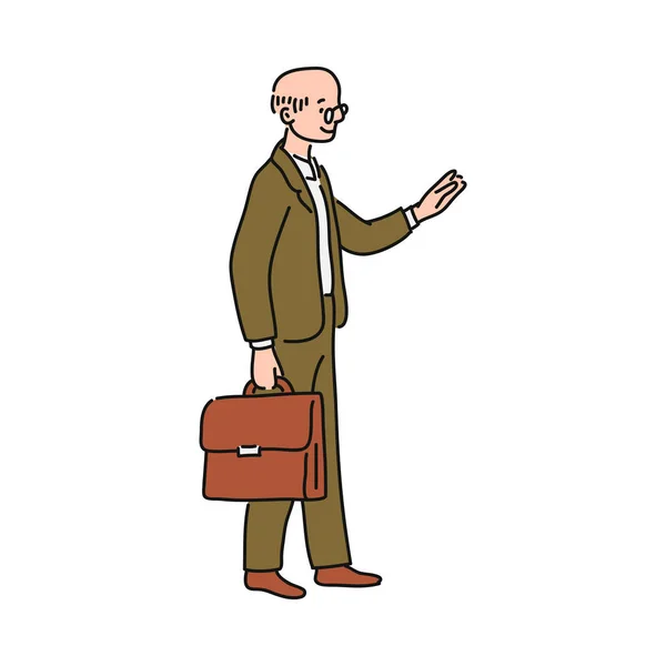 Homem de negócios de desenhos animados velho em terno de negócios e mala de pé — Vetor de Stock