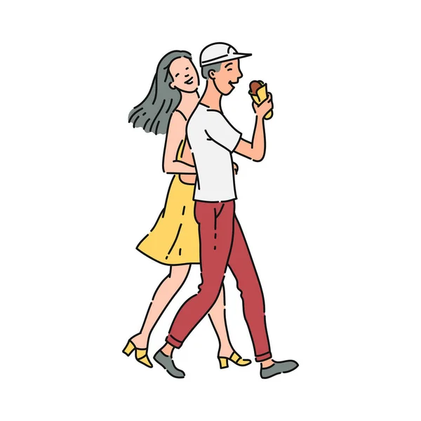 Feliz pareja de dibujos animados comiendo helado y caminando juntos — Archivo Imágenes Vectoriales