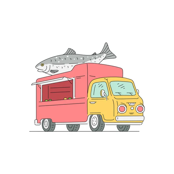 Fresh sea food mobile restaurant truck sketch vector illustration isolated. — 스톡 벡터