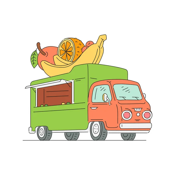 Food truck verkoop van fruit - geïsoleerde tekening van straat verkoper auto — Stockvector