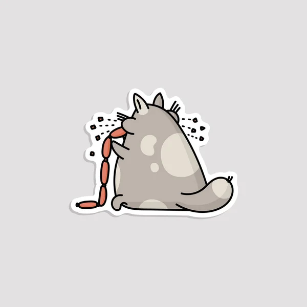 Grazioso grasso divertente ghiottone gatto mangiare salsicce cartone animato vettore illustrazione isolato . — Vettoriale Stock