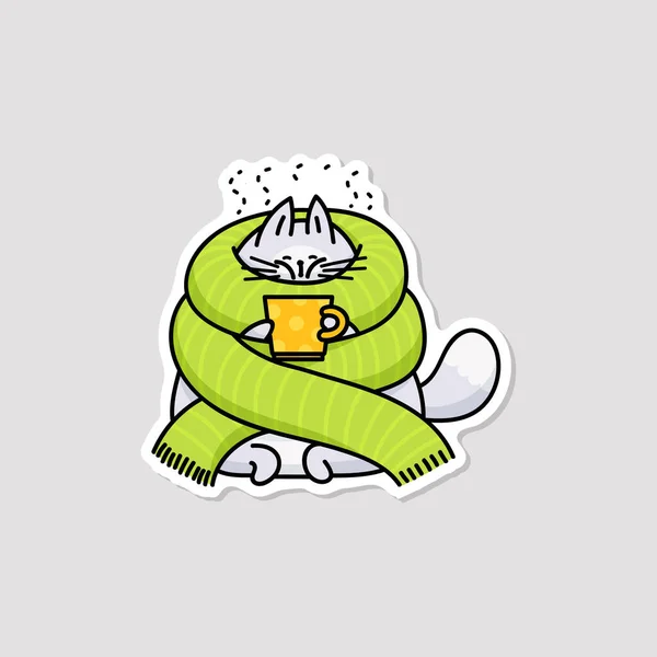 Söt tecknad katt insvept med stor grön halsduk dricka varm dryck för att värma upp — Stock vektor