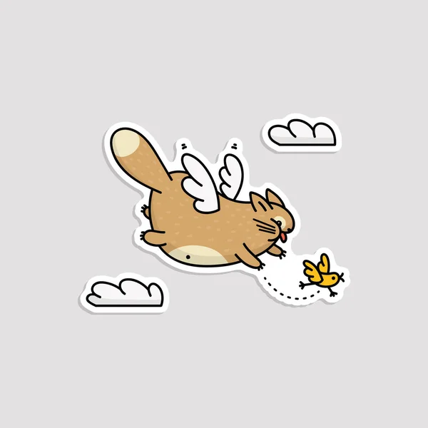 Lindo gato de dibujos animados con alas volando en el cielo persiguiendo a un pajarito — Vector de stock
