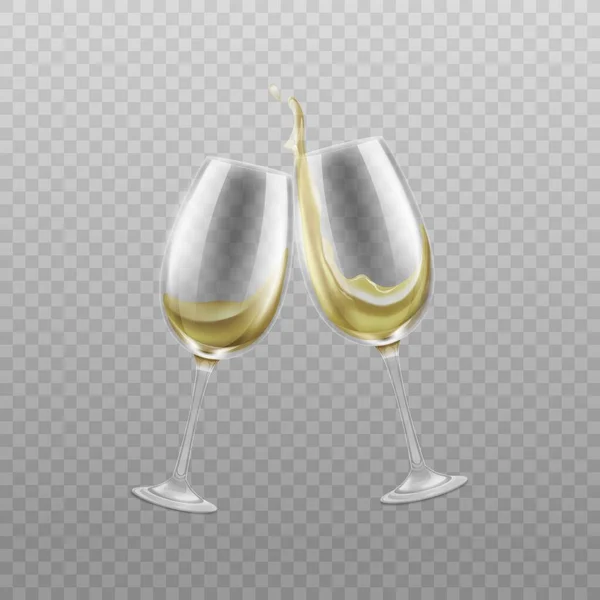 Bicchieri da vino con schizzi di vino bianco illustrazione vettoriale realistica isolato . — Vettoriale Stock