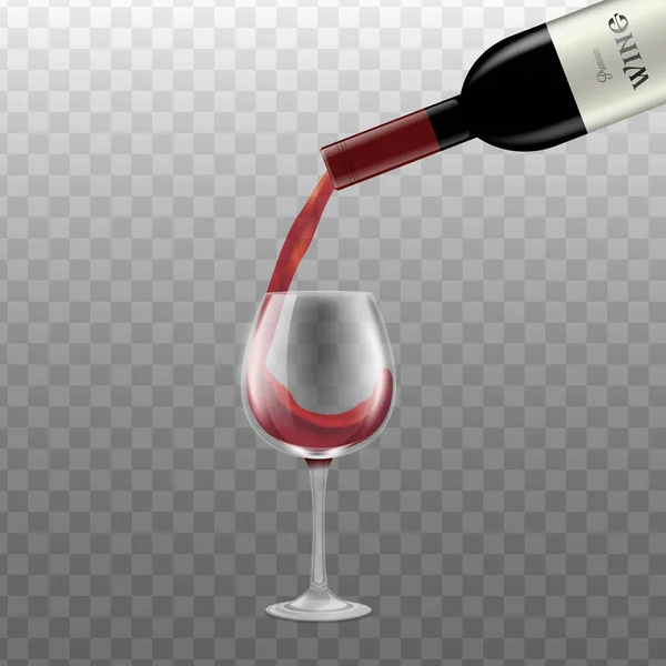 Vino tinto que fluye de botella en vidrio, ilustración vectorial realista aislado . — Vector de stock