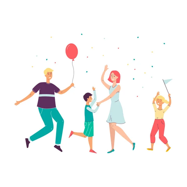 Feliz familia de dibujos animados bailando y celebrando aislado sobre fondo blanco — Vector de stock