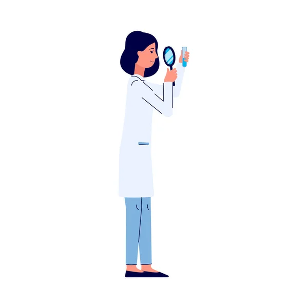 Scientist woman with magnifier researching, flat vector illustration isolated. — 스톡 벡터