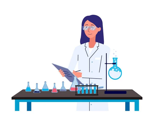 Женщина-химик, стоящая за столом научного лабораторного оборудования — стоковый вектор
