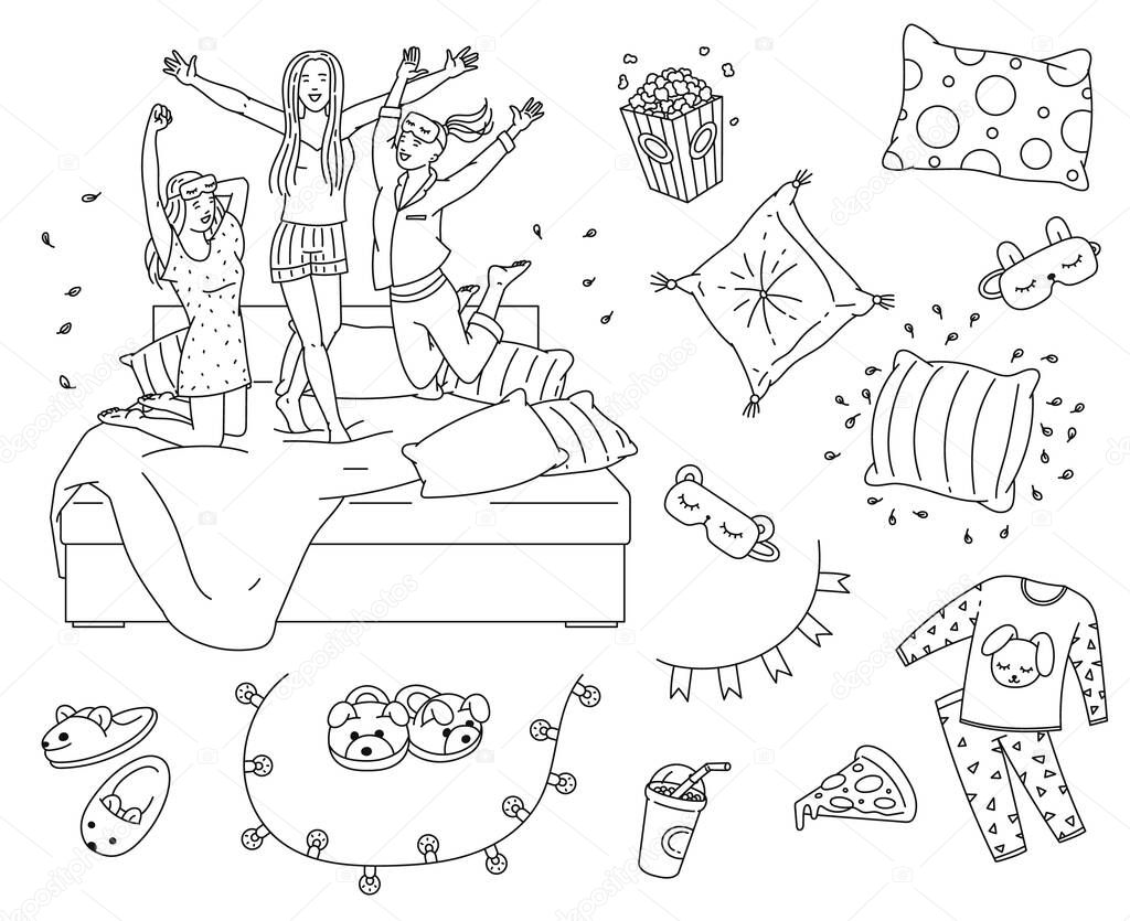 Sleepover slumber party element set in coloring book line art style