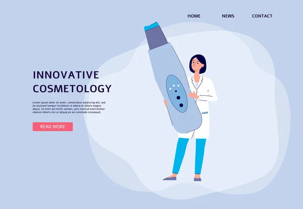 Innovativo banner cosmetologico con dermatologo donna illustrazione vettoriale piatta . — Vettoriale Stock