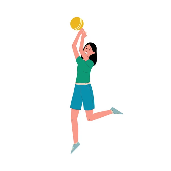 Mujer sonriente jugando juego de deportes con pelota, vector plano ilustración aislado . — Vector de stock