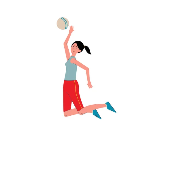 Vrouw volleybal speler springen met bal, platte vector illustratie geïsoleerd. — Stockvector