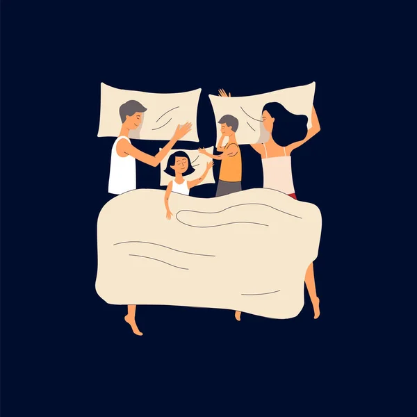 Мультфильм семья, спящая вместе на одной кровати - пара с двумя детьми — стоковый вектор
