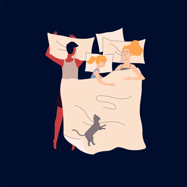 Familj med barn tecken sova i sängen platt vektor illustration isolerad. — Stock vektor
