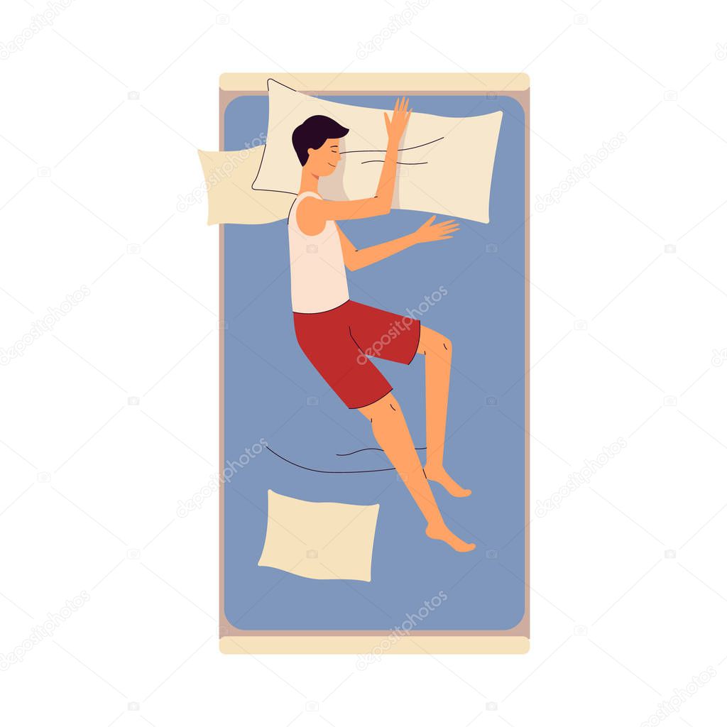 Sleeping on bed young man cartoon character flat vector illustration isolated.