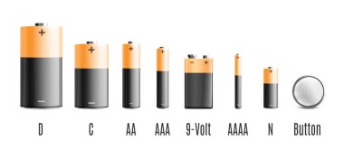 Realistic battery set with different energy voltage and size clipart