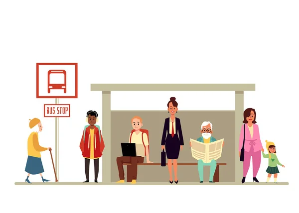 Crowd of people waiting vehicle at bus stop flat vector illustration isolated. — Wektor stockowy