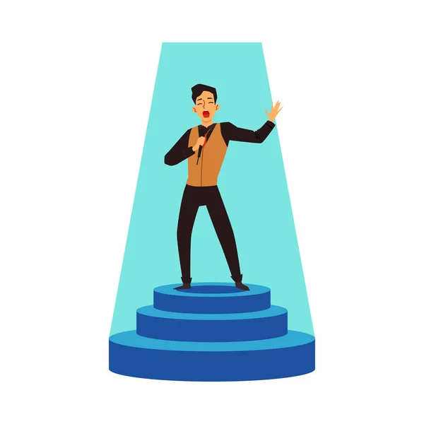 Talent show performer sing on stage pedestal, flat vector illustration isolated. — 图库矢量图片