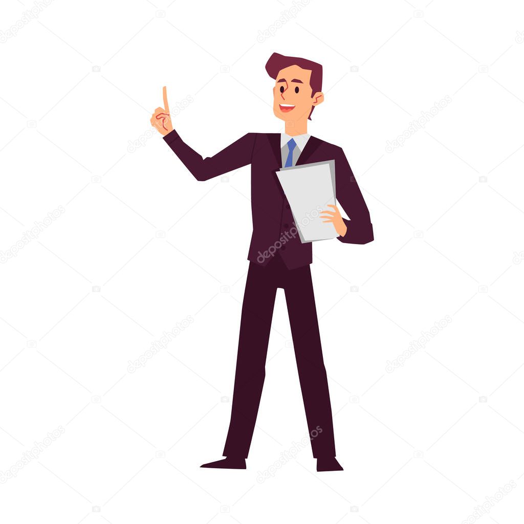 Attorney or lawyer man in court, flat cartoon vector illustration isolated.