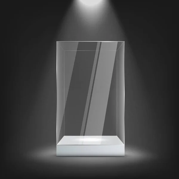 Big glass display case on white pedestal mockup, realistic vector illustration. — ストックベクタ