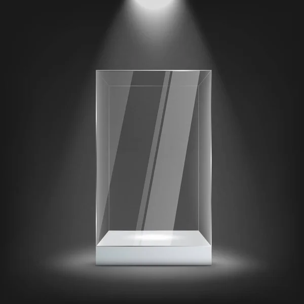 Grande vitrine de vidro no mockup pedestal branco, ilustração vetorial realista . —  Vetores de Stock