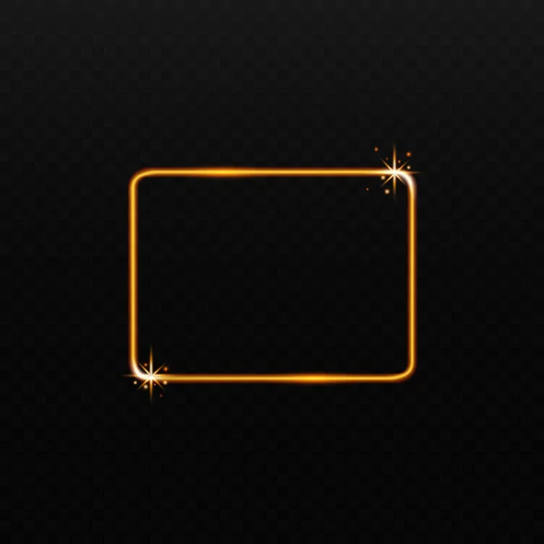 Golden light rectangle frame with sparkling stars isolated on black background — Stock vektor